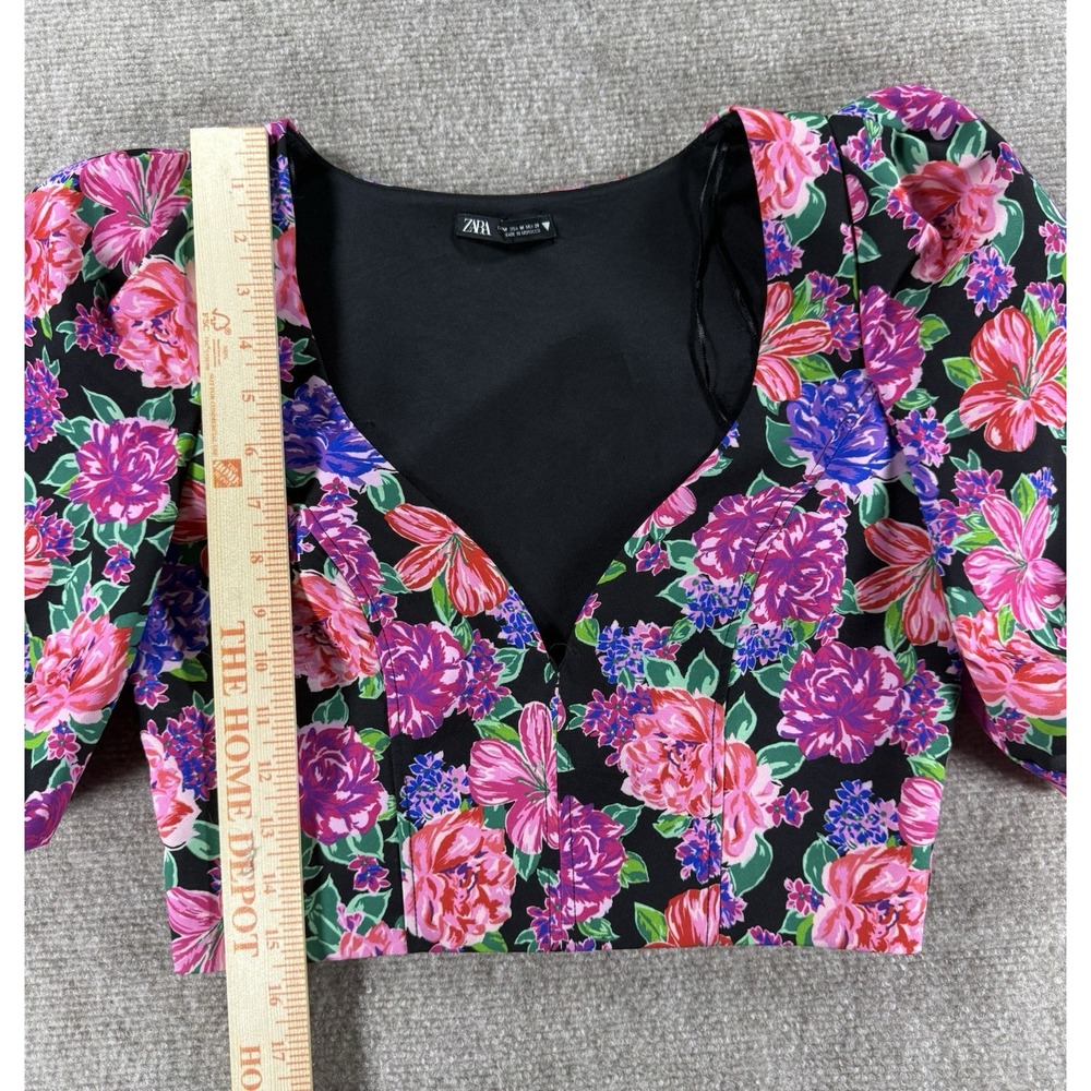 Zara Floral Crop Top Puff Sleeve Sweetheart Neckline Black Multicolor Women's S - Picture 4 of 6